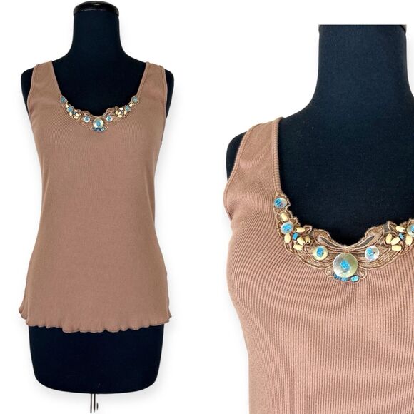 Vintage Y2K Cami Top Large Butterfly Embroidered Beaded Embellished Tank - Picture 1 of 7